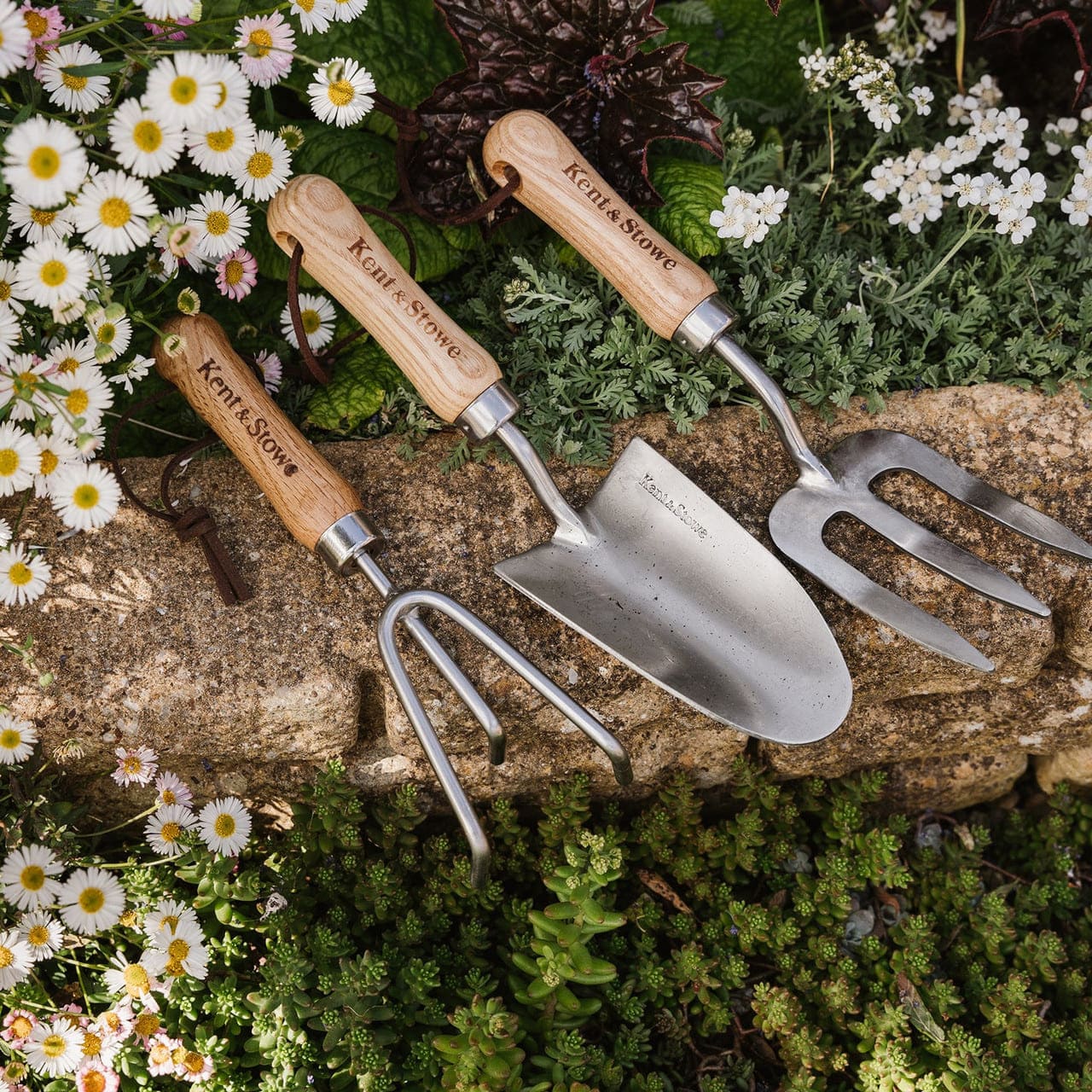 Cultivateur manuel, transplantoir et fourche à main sur une surface de jardin